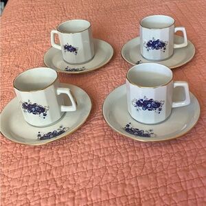 Four 1960’s from Romania porcelain White & Blue espresso size Cups & saucers.